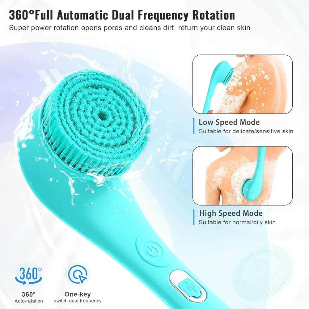 Electric Body Brush Rechargeable Scrubber Shower Brush with long handle and three cleaning heads, designed for effective skin exfoliation and massage.