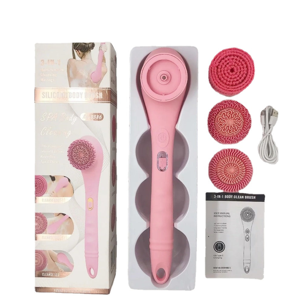 Electric Body Brush Rechargeable Scrubber Shower Brush with long handle and three cleaning heads, designed for effective skin exfoliation and massage.