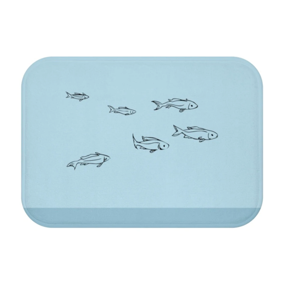 Fishes in the Ocean Bath Mat featuring vibrant marine life design and anti-slip backing.