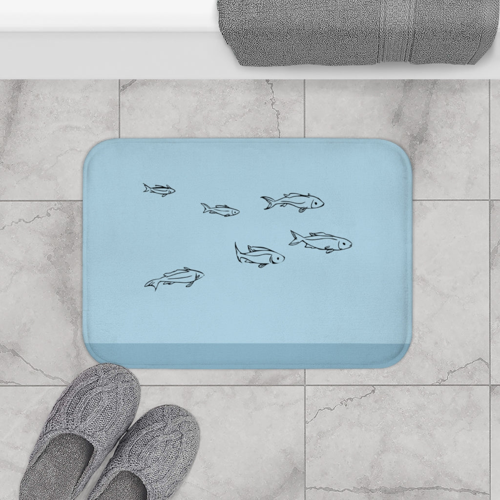 Fishes in the Ocean Bath Mat featuring vibrant marine life design and anti-slip backing.