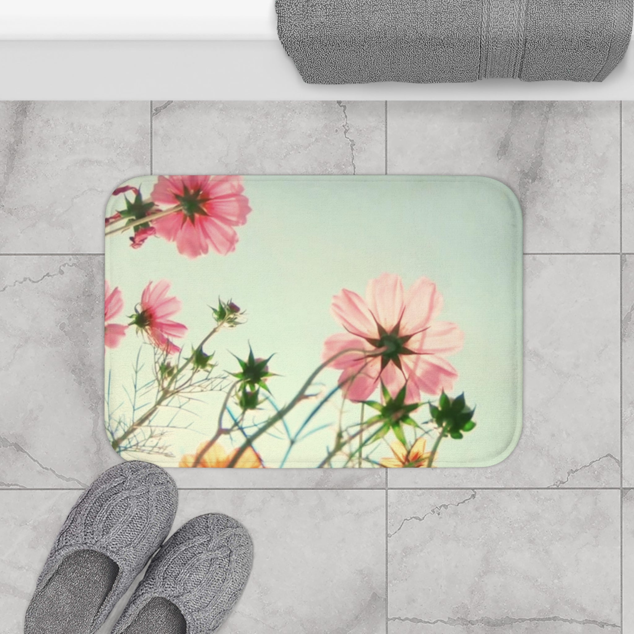 Flowers In The Field Bath Mat featuring a vibrant floral design with anti-slip backing, perfect for bathroom safety and style.