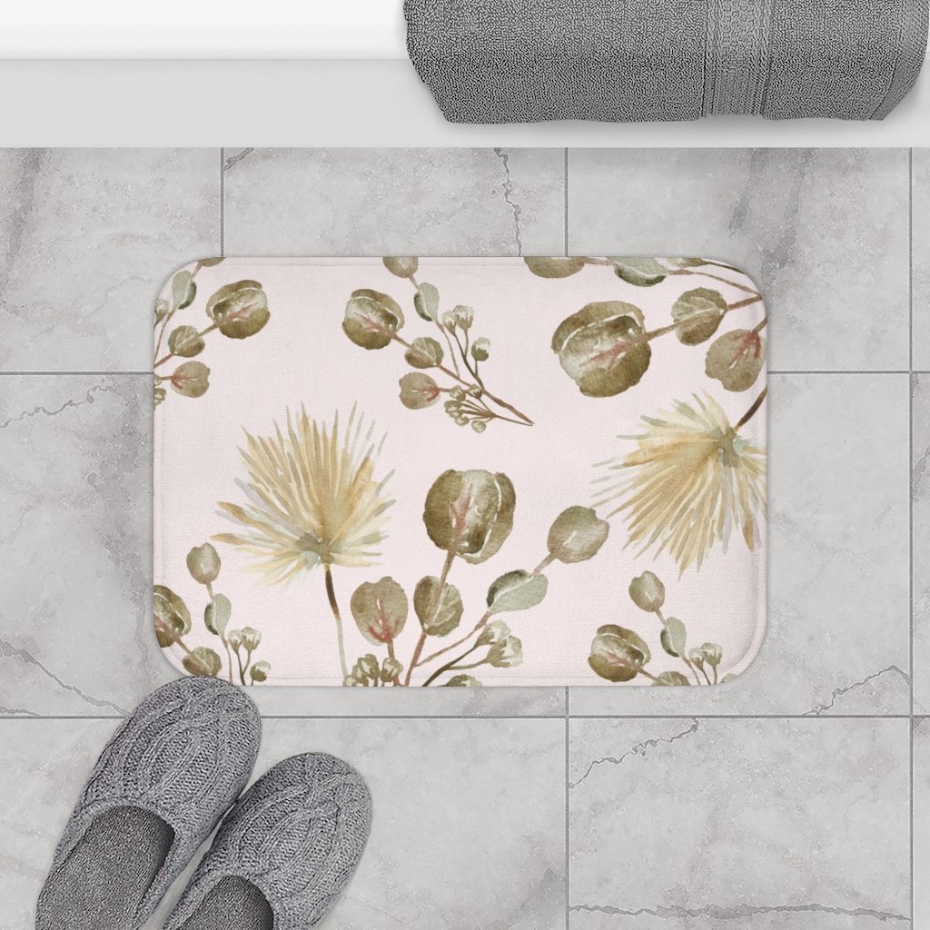 Garden Blossoms Bath Mat featuring a floral design, made of soft microfiber with anti-slip backing, measuring 24" x 17".