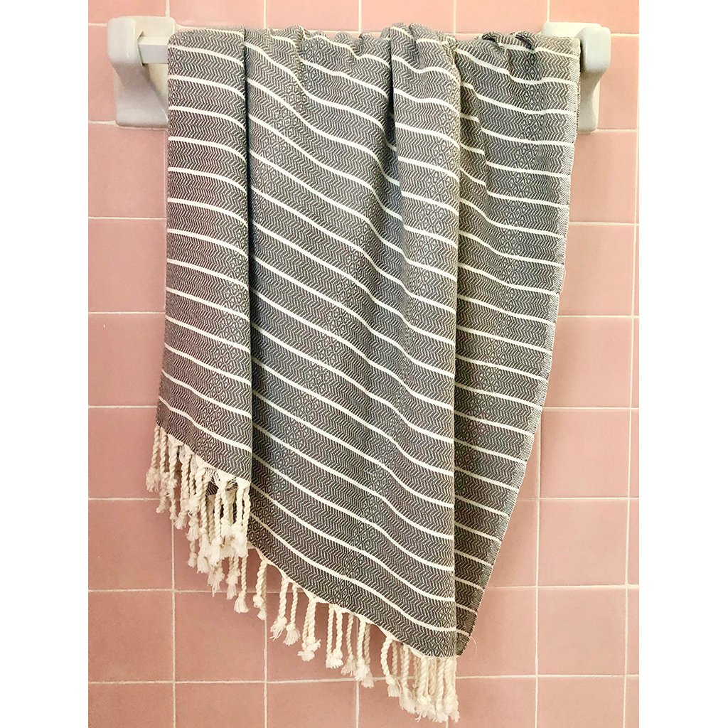 Geo Stripe Turkish Towel showcasing vibrant patterns and textures, perfect for bath, beach, and travel use.