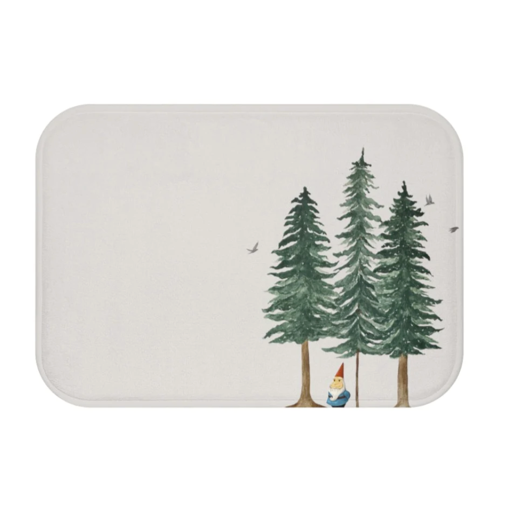 Gnome in Forest Bath Mat featuring a whimsical gnome design with anti-slip backing, perfect for bathroom decor.