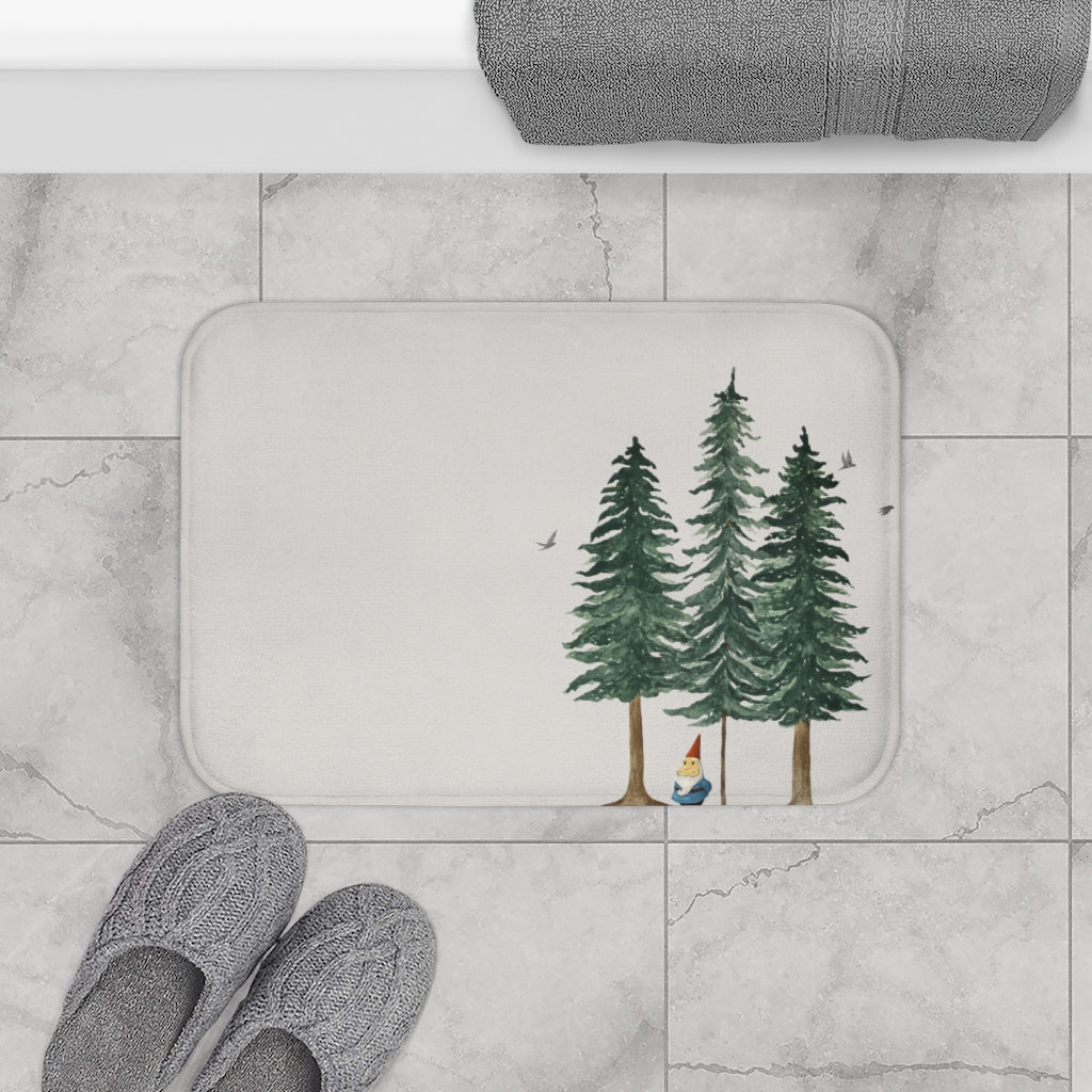 Gnome in Forest Bath Mat featuring a whimsical gnome design with anti-slip backing, perfect for bathroom decor.