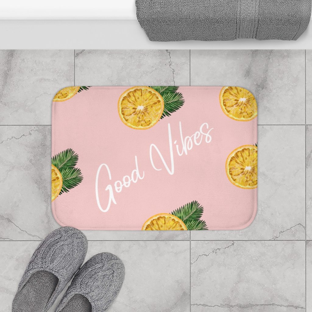 Good Vibes Lemon Bath Mat featuring a vibrant lemon design with anti-slip backing, perfect for enhancing bathroom decor and safety.