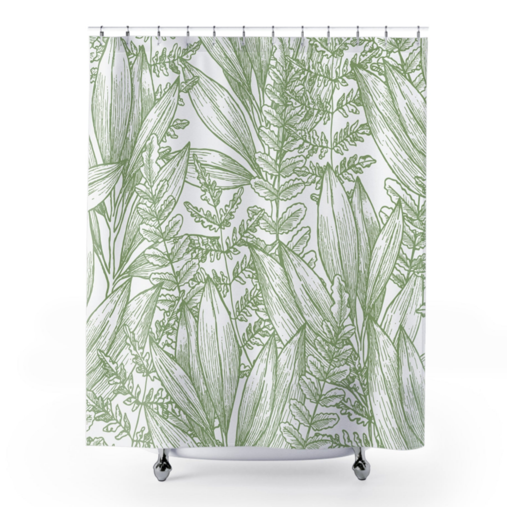 Green Leaves Outline Shower Curtain featuring a stylish leaf design on a white background, made from durable polyester fabric.