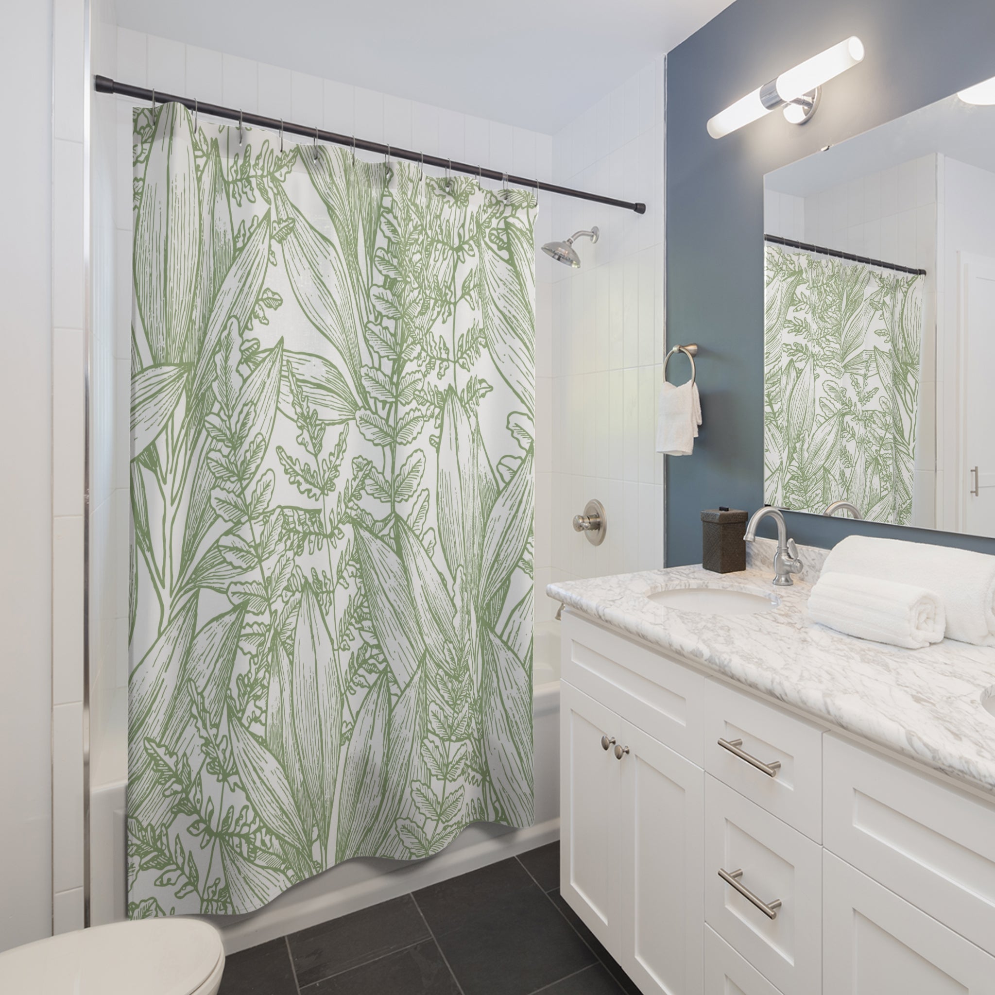 Green Leaves Outline Shower Curtain featuring a stylish leaf design on a white background, made from durable polyester fabric.