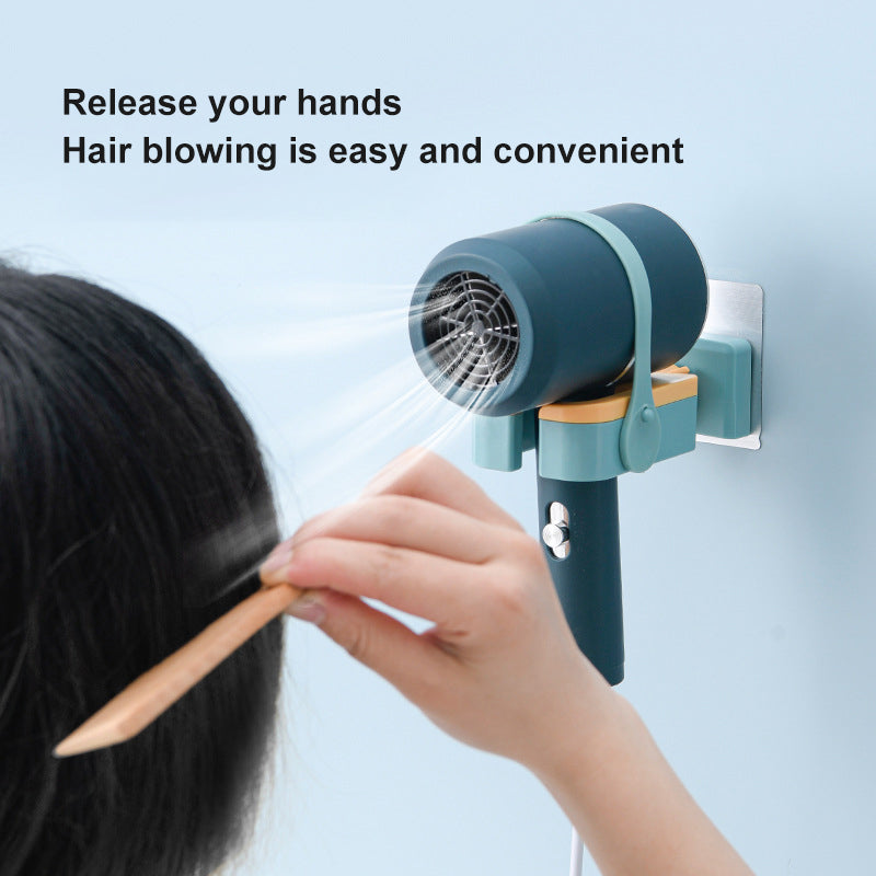 Wall-mounted hair dryer rack with adjustable silicone fixing belt, designed for convenient storage and organization in modern bathrooms.