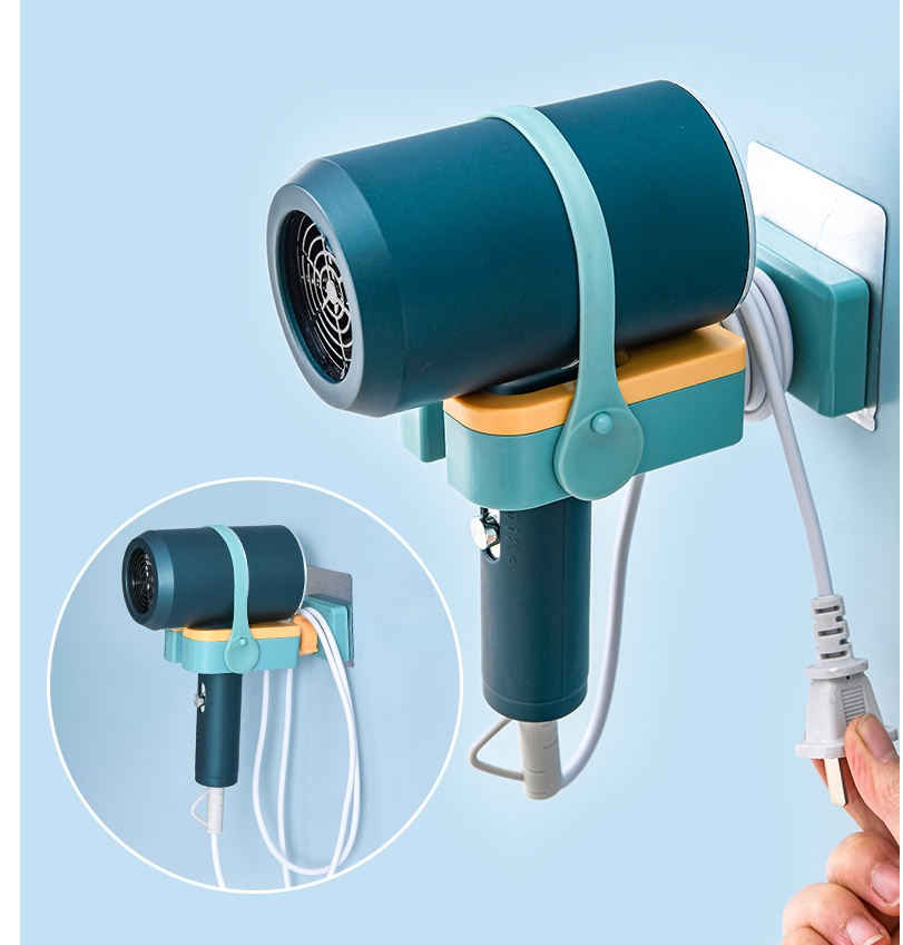 Wall-mounted hair dryer rack with adjustable silicone fixing belt, designed for convenient storage and organization in modern bathrooms.