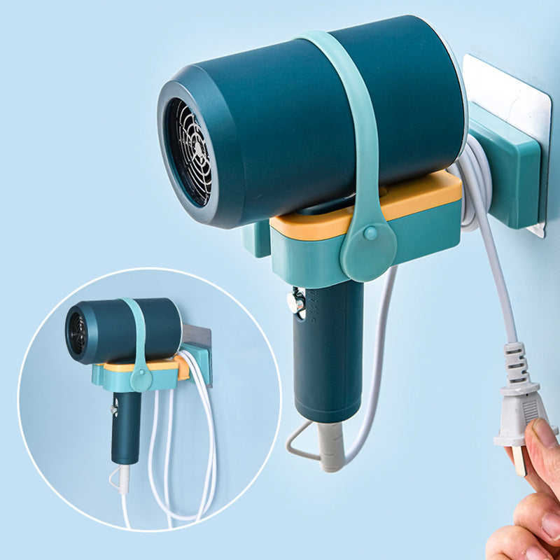 Wall-mounted hair dryer rack with adjustable silicone fixing belt, designed for convenient storage and organization in modern bathrooms.