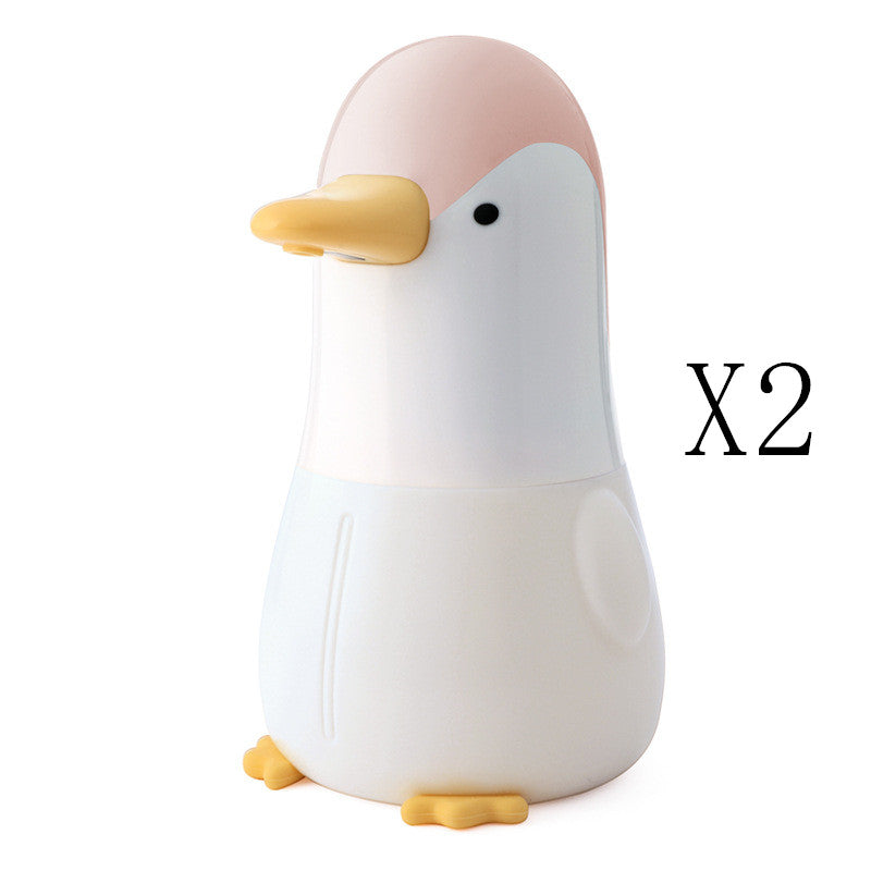 Lovely Penguin Shaped Foam Soap Dispenser in pink and blue, designed for touchless handwashing with a cute penguin pattern.