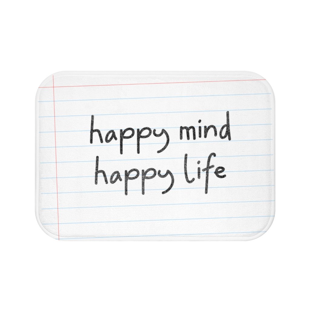 Happy Mind, Happy Life Pencil Font Bath Mat featuring a cheerful design, anti-slip backing, and soft microfiber material, perfect for bathroom use.