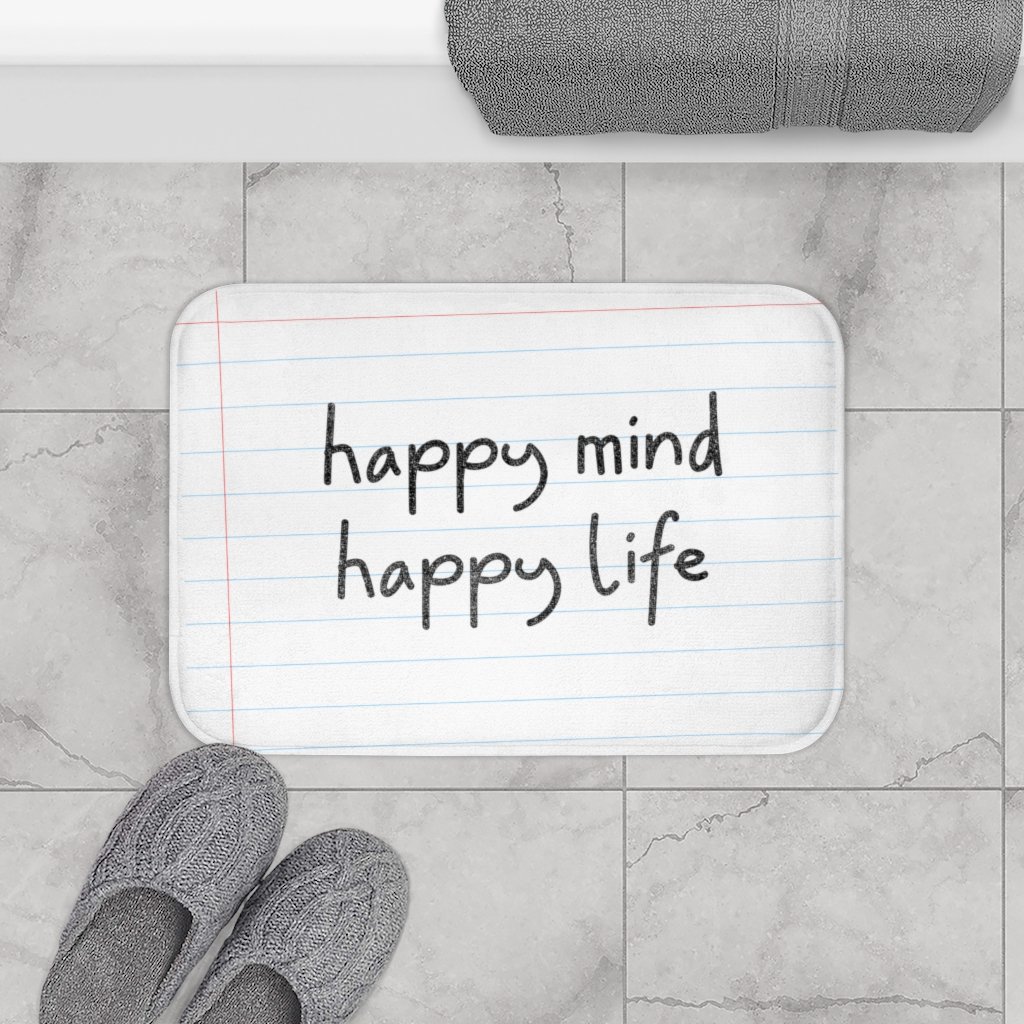 Happy Mind, Happy Life Pencil Font Bath Mat featuring a cheerful design, anti-slip backing, and soft microfiber material, perfect for bathroom use.