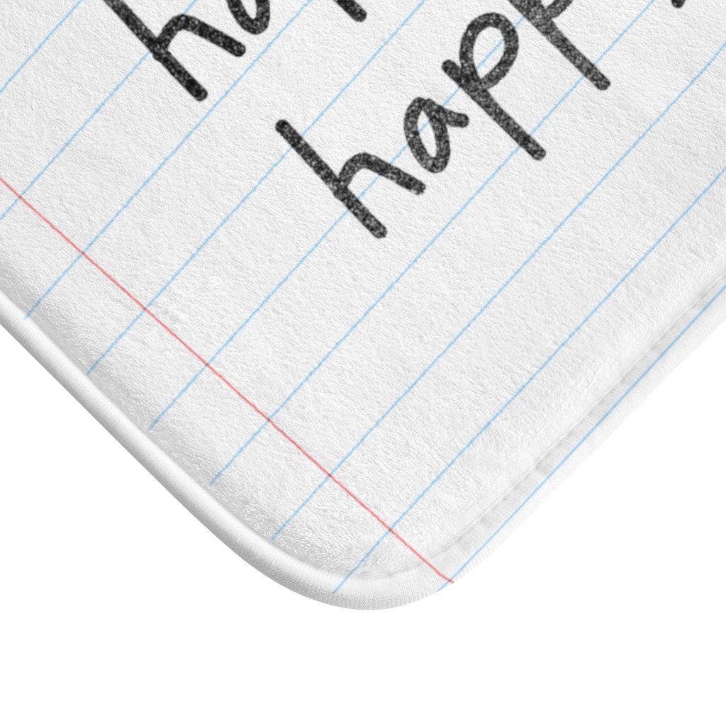 Happy Mind, Happy Life Pencil Font Bath Mat featuring a cheerful design, anti-slip backing, and soft microfiber material, perfect for bathroom use.