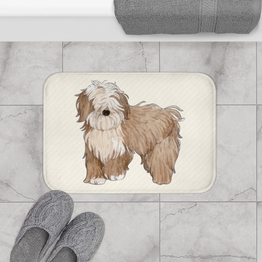 Happy Puppy Bath Mat featuring a playful puppy design, made of soft microfiber with anti-slip backing for safety.