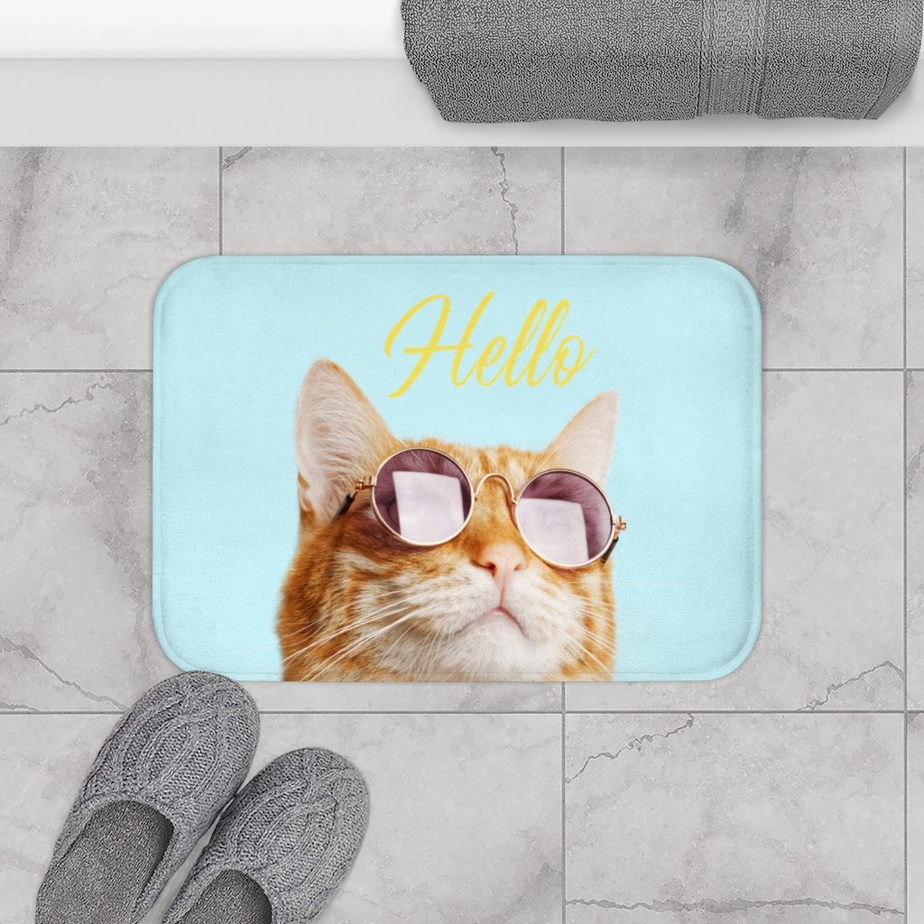 Hello Cat with Sunglasses Bath Mat featuring a playful cat design, made of soft microfiber with anti-slip backing.