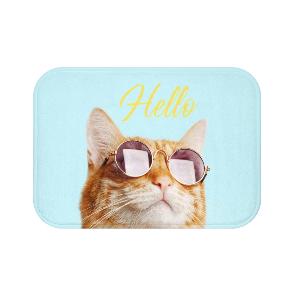 Hello Cat with Sunglasses Bath Mat featuring a playful cat design, made of soft microfiber with anti-slip backing.