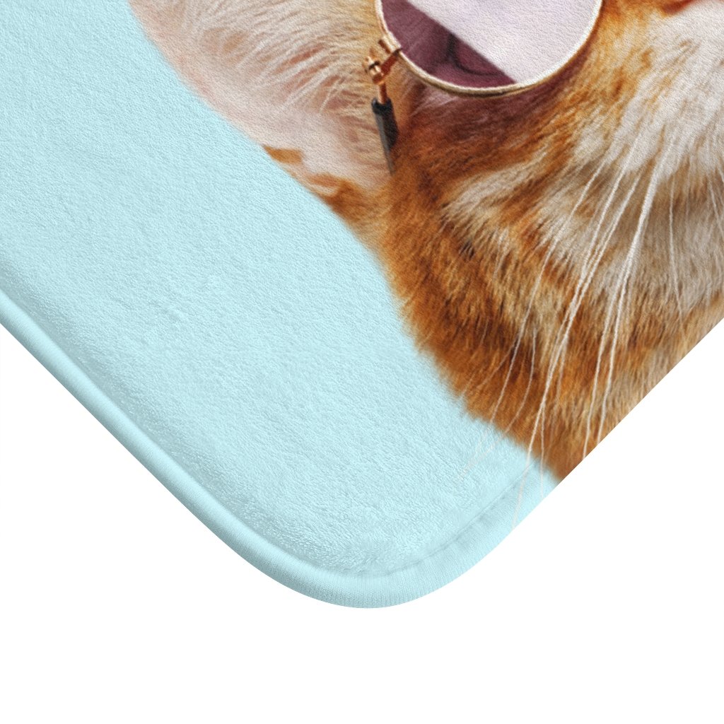 Hello Cat with Sunglasses Bath Mat featuring a playful cat design, made of soft microfiber with anti-slip backing.