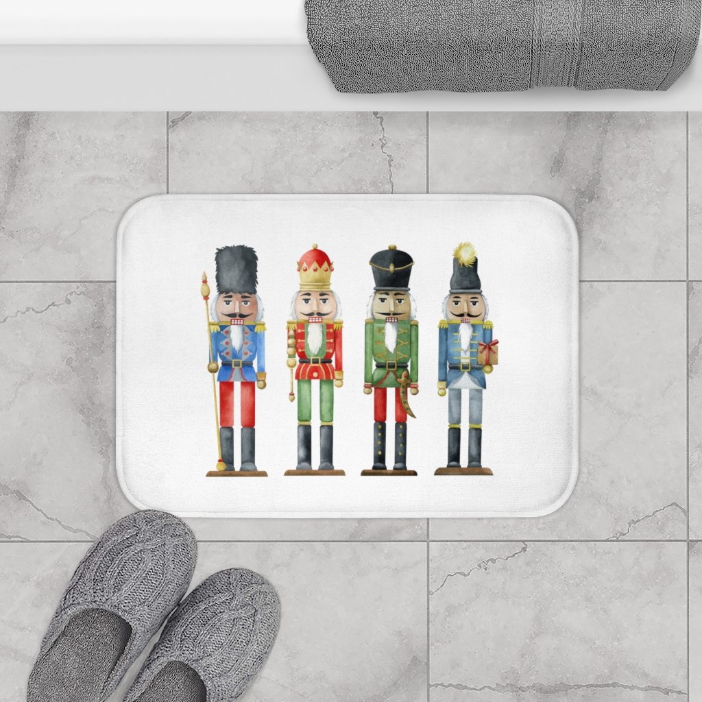 Holiday Nutcracker Bath Mat featuring a festive design with anti-slip backing, perfect for seasonal home decor.