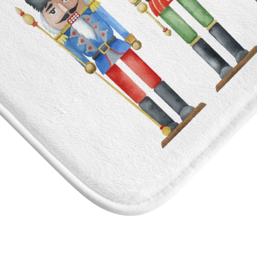 Holiday Nutcracker Bath Mat featuring a festive design with anti-slip backing, perfect for seasonal home decor.