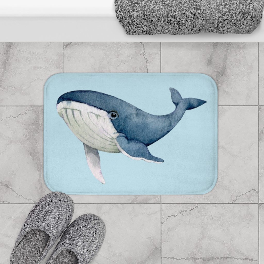 A soft and stylish Humpback Whale Bath Mat with anti-slip backing, featuring a vibrant whale design, perfect for enhancing bathroom decor.