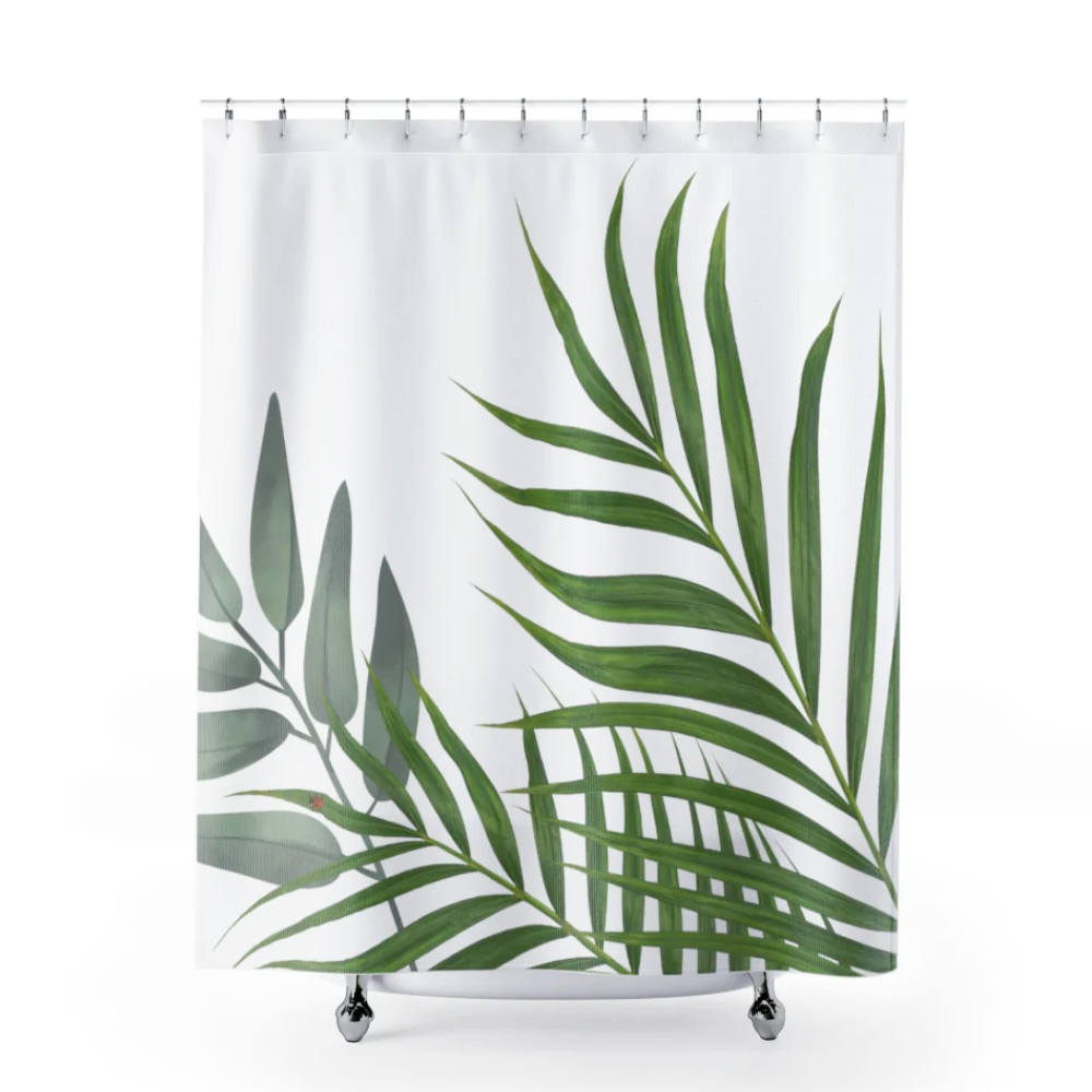 Lady Bug and Plant Shower Curtains featuring vibrant ladybug and plant designs on a polyester fabric.