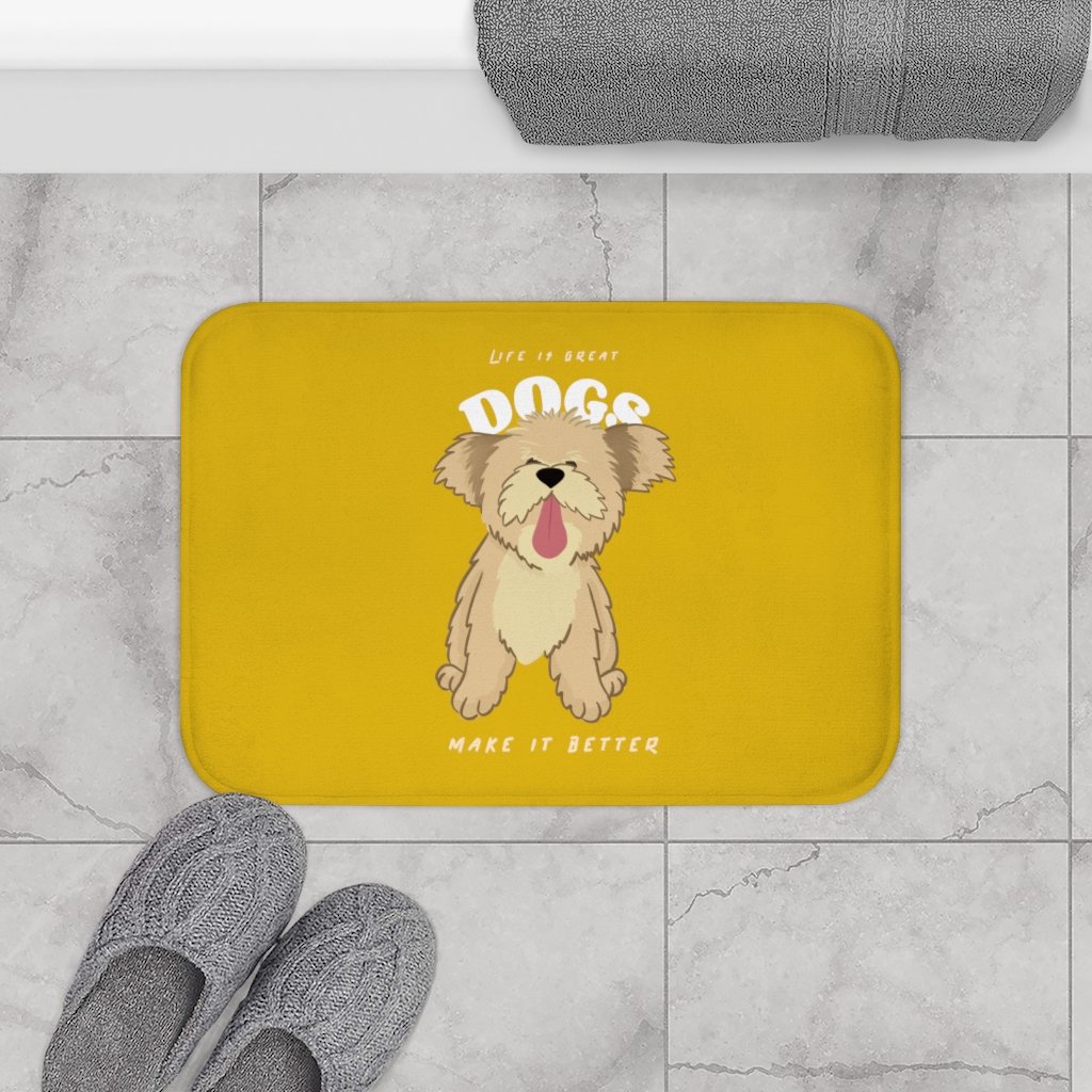 Life is Great, Dogs Make it Better Bath Mat with anti-slip backing, featuring a charming dog-themed design in a soft microfiber material.