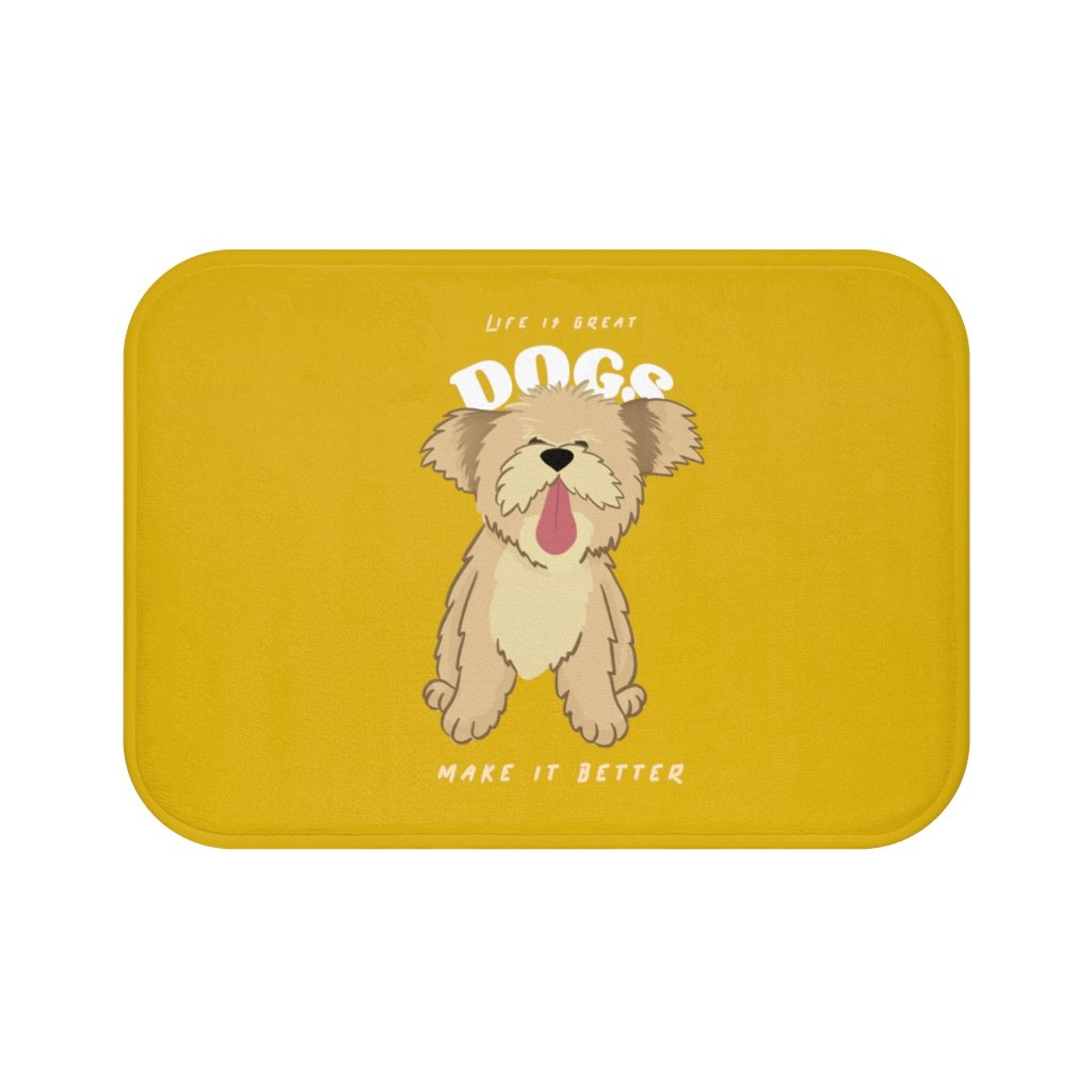 Life is Great, Dogs Make it Better Bath Mat with anti-slip backing, featuring a charming dog-themed design in a soft microfiber material.