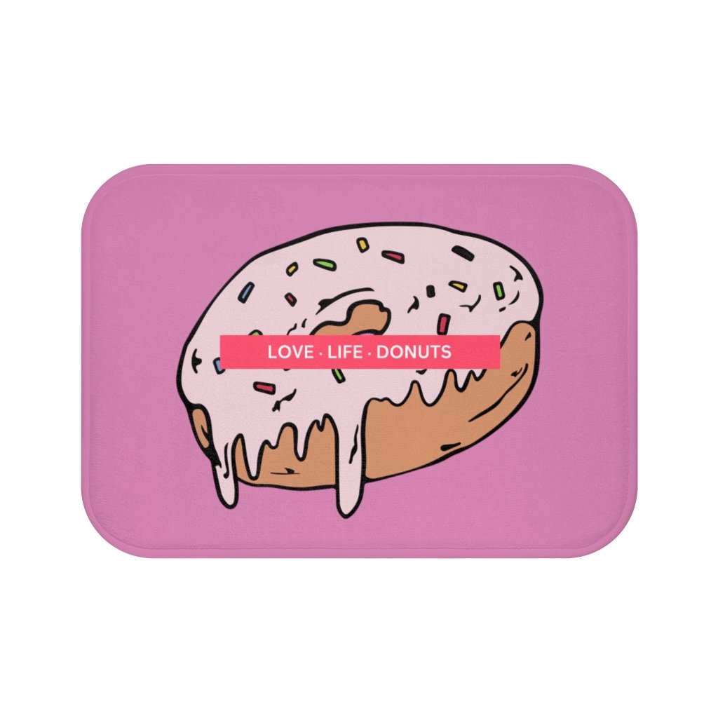 Love Life Donuts Bath Mat featuring a colorful donut design with anti-slip backing, perfect for bathroom safety and style.