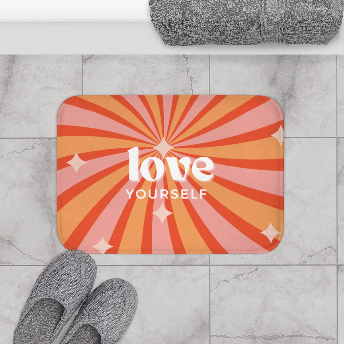 Love Yourself Bath Mat in a stylish design with anti-slip backing, perfect for bathroom safety and comfort.