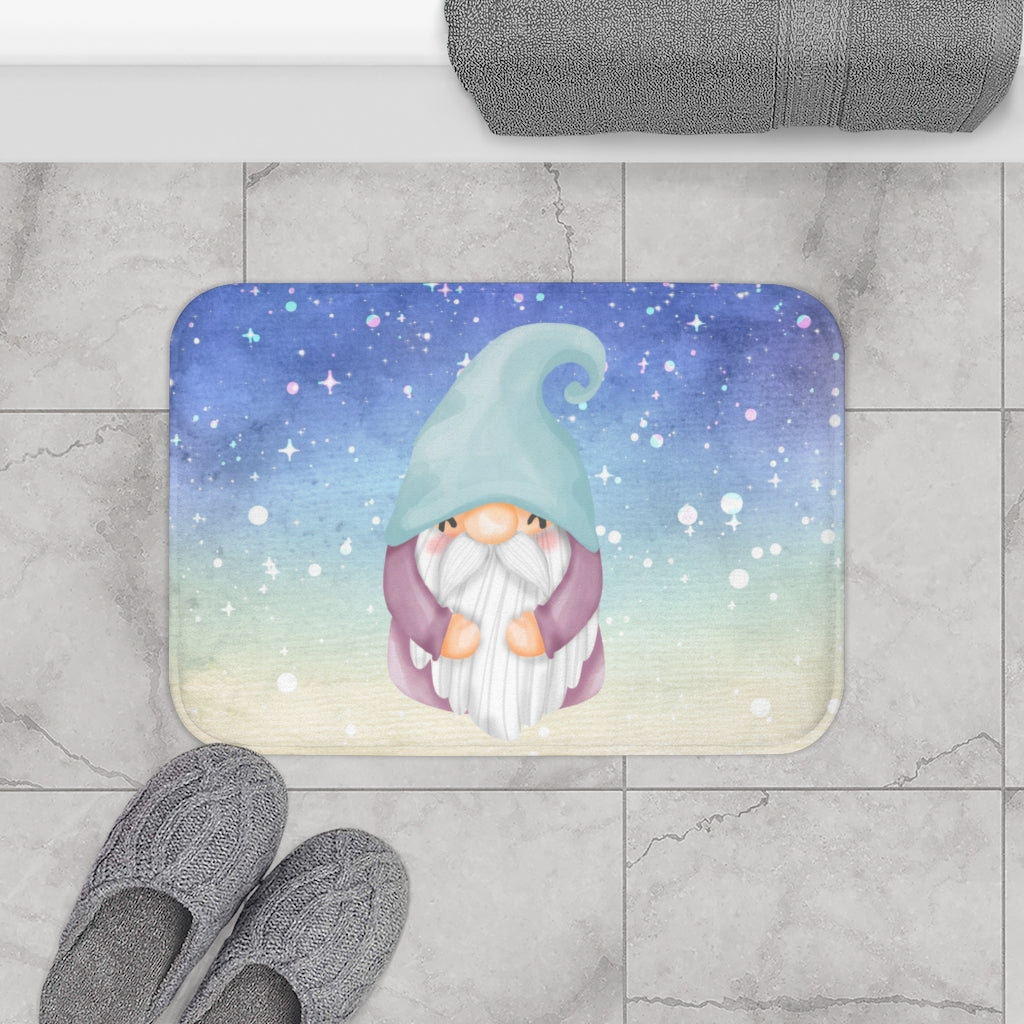 A whimsical Magical Gnome Bath Mat featuring a colorful gnome design, made of soft microfiber with anti-slip backing.