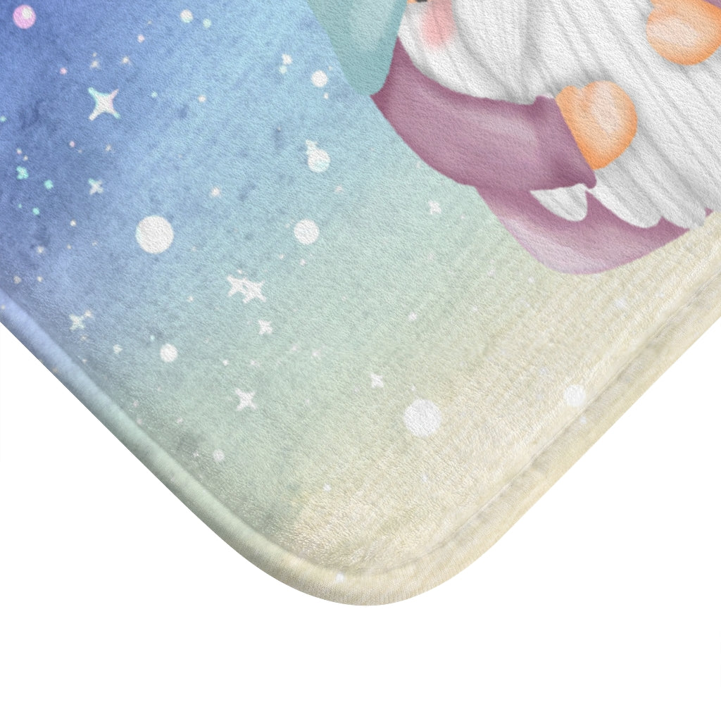 A whimsical Magical Gnome Bath Mat featuring a colorful gnome design, made of soft microfiber with anti-slip backing.