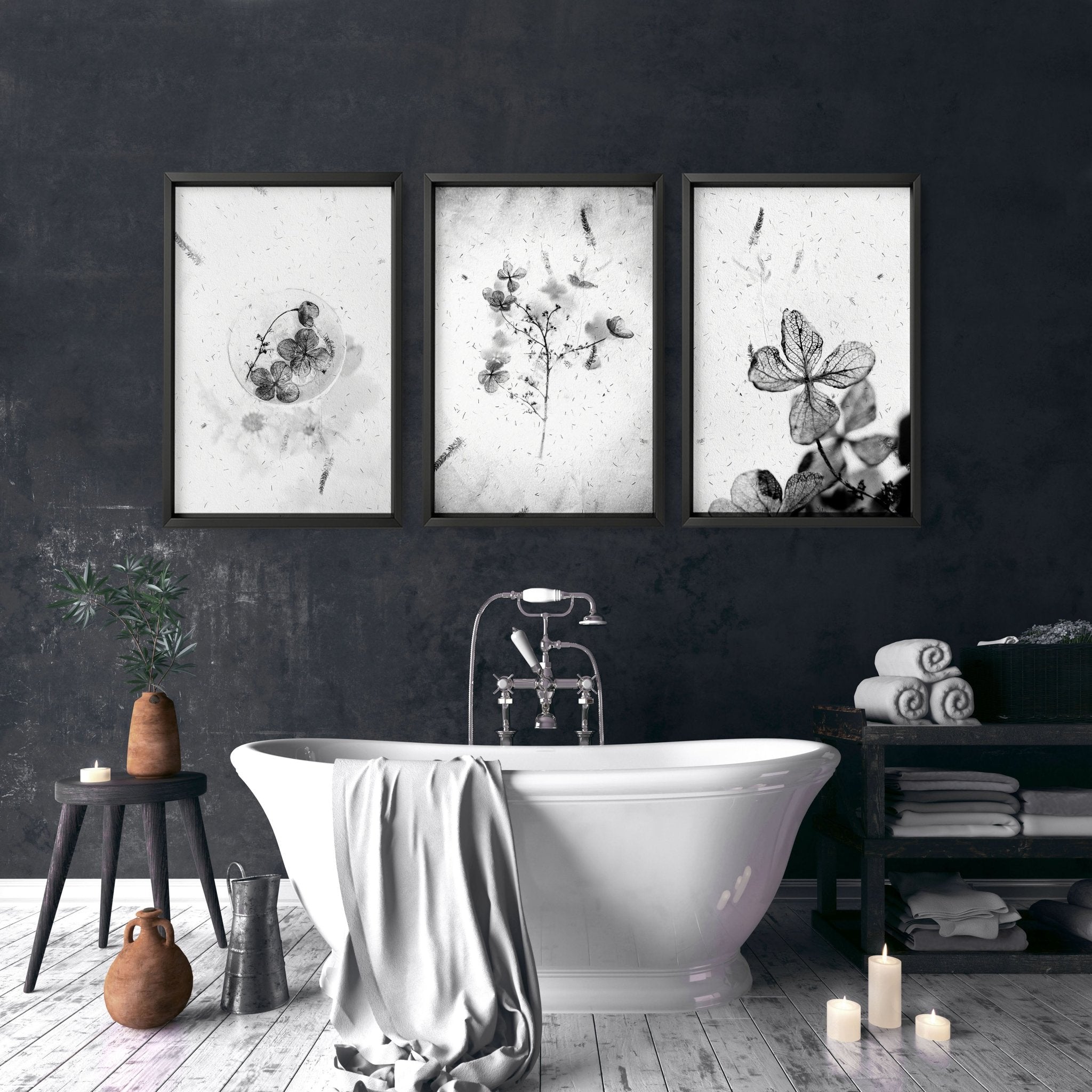 Set of 3 modern botanical wall art prints in grey, white, and black, designed for bathroom decor.