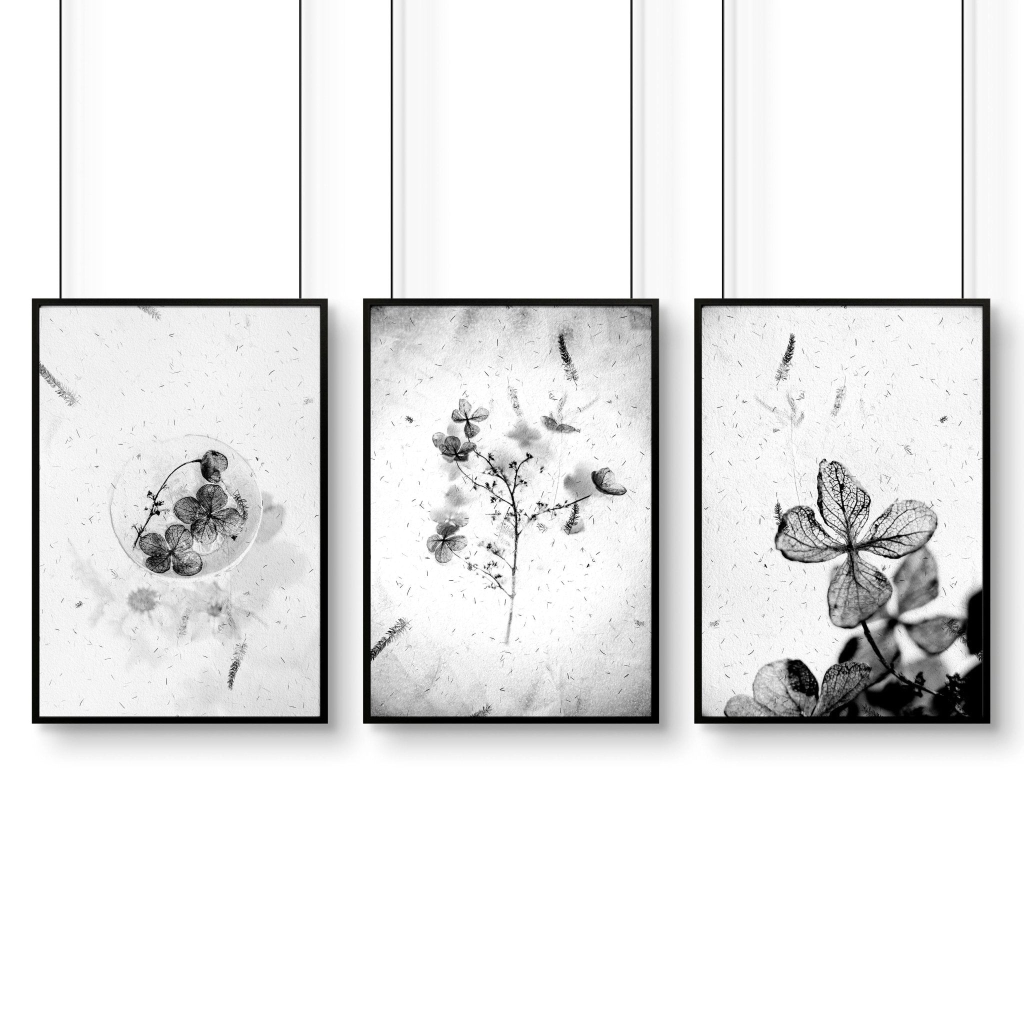 Set of 3 modern botanical wall art prints in grey, white, and black, designed for bathroom decor.