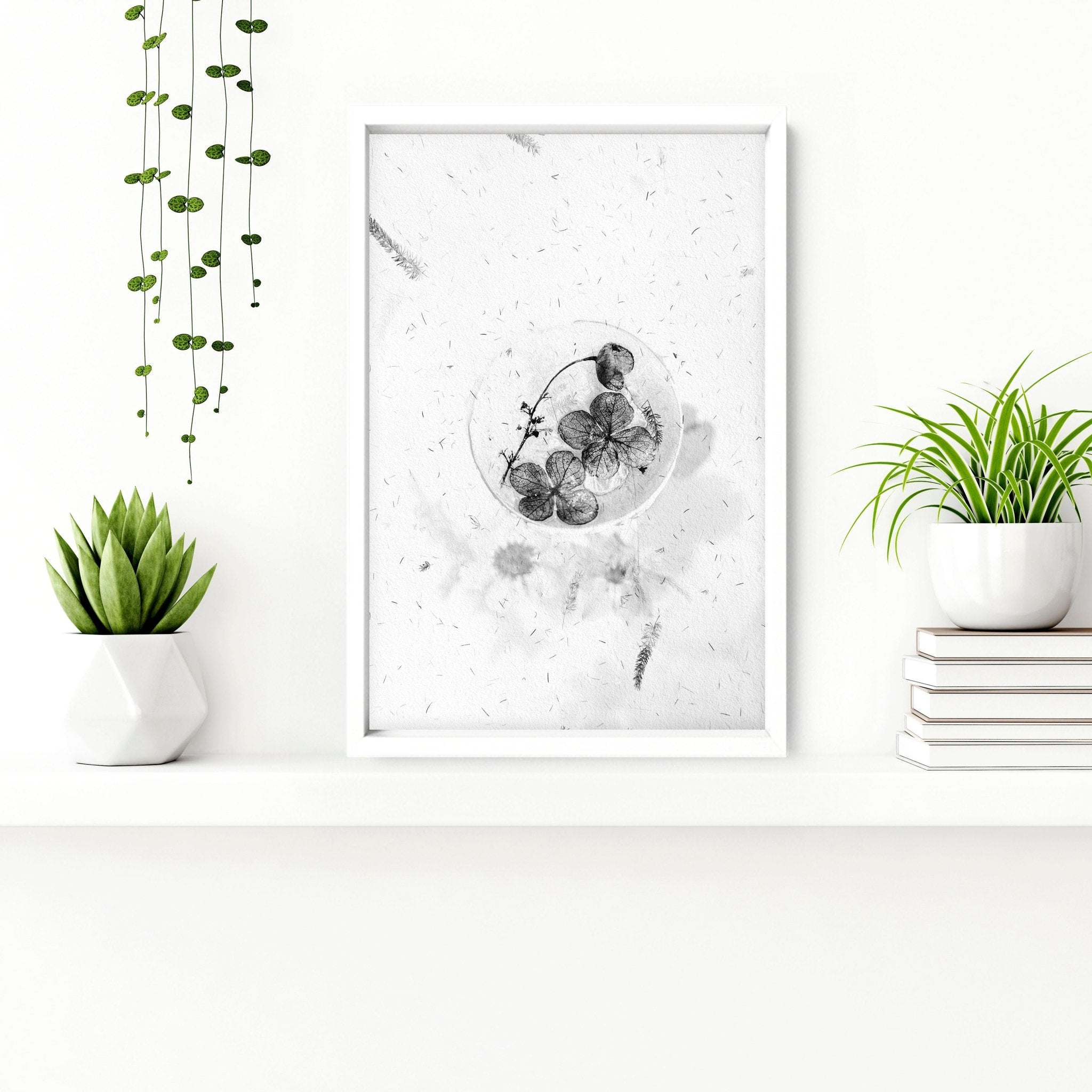 Set of 3 modern botanical wall art prints in grey, white, and black, designed for bathroom decor.