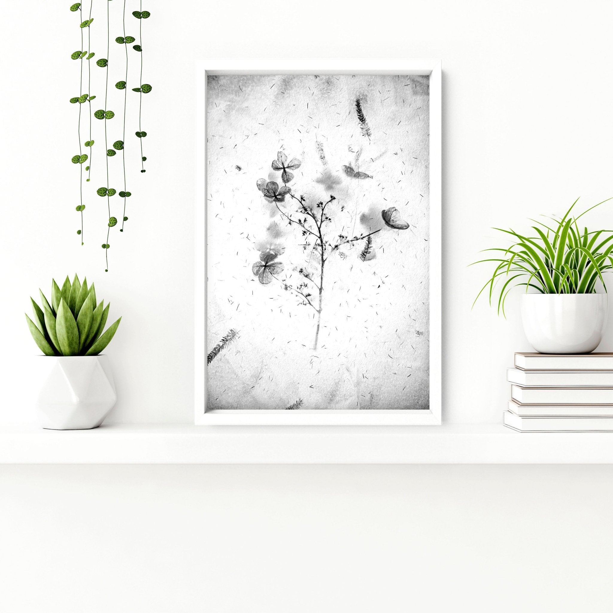 Set of 3 modern botanical wall art prints in grey, white, and black, designed for bathroom decor.