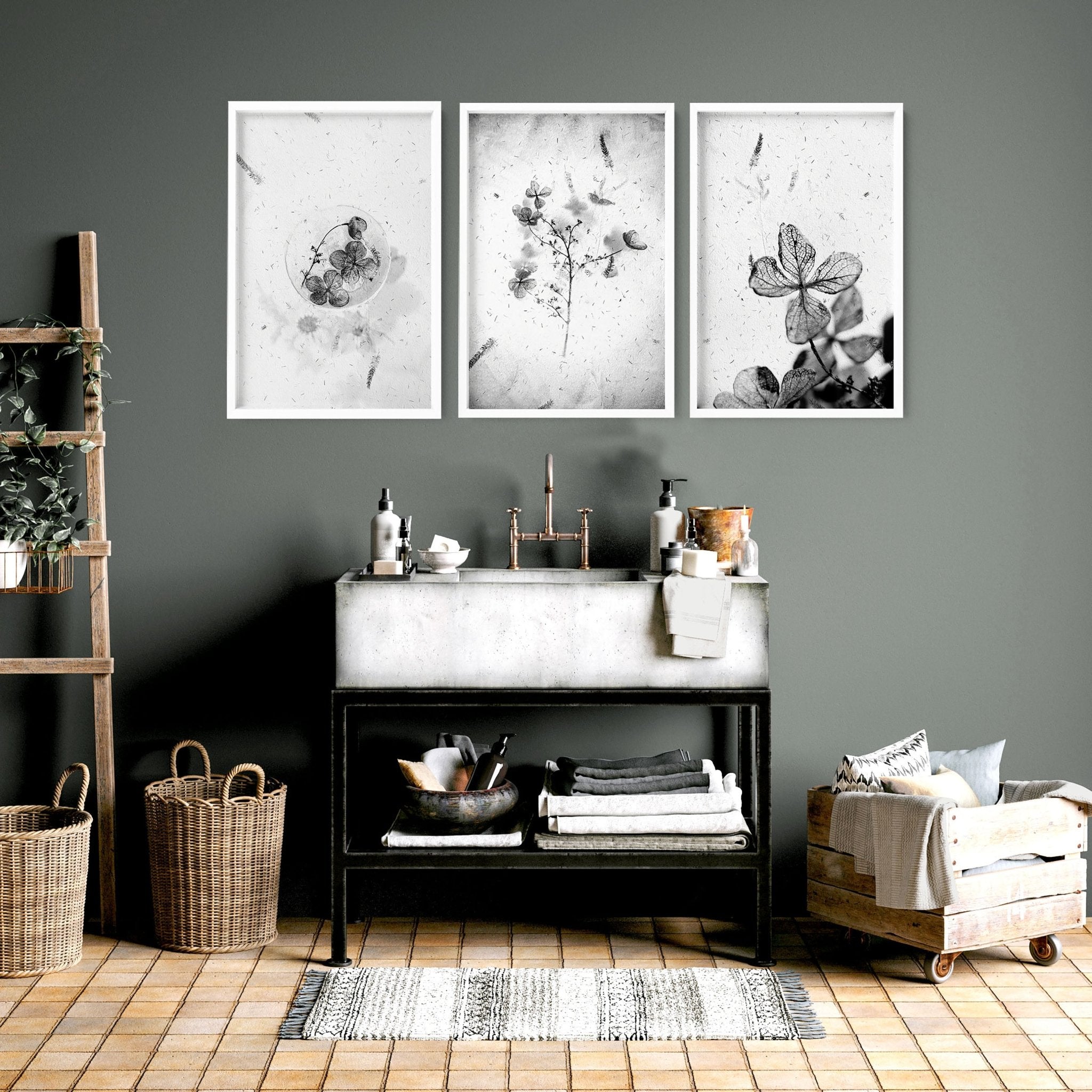 Set of 3 modern botanical wall art prints in grey, white, and black, designed for bathroom decor.