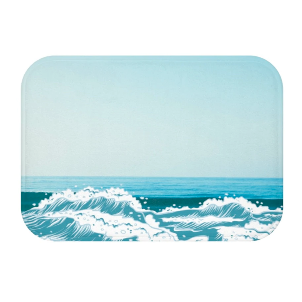 Ocean Waves Bath Mat featuring a stylish ocean waves design with anti-slip backing and durable edge binding.