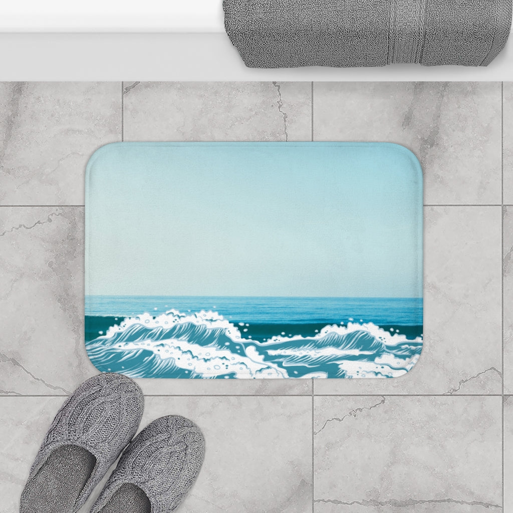 Ocean Waves Bath Mat featuring a stylish ocean waves design with anti-slip backing and durable edge binding.