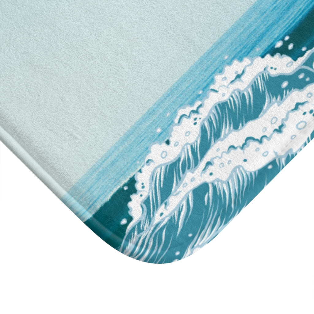 Ocean Waves Bath Mat featuring a stylish ocean waves design with anti-slip backing and durable edge binding.