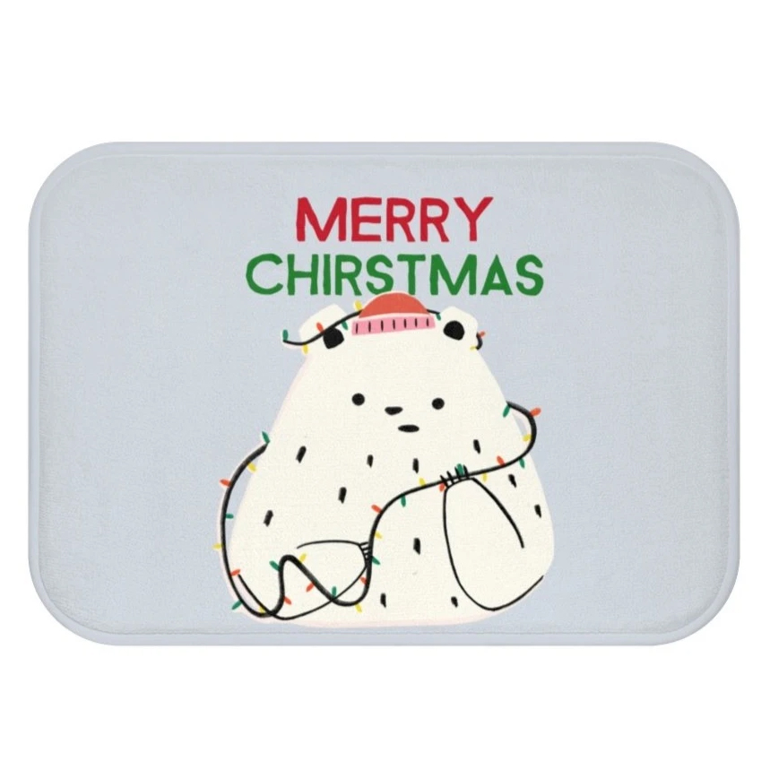 A festive bath mat featuring a playful polar bear surrounded by colorful Christmas lights, perfect for holiday home decor.