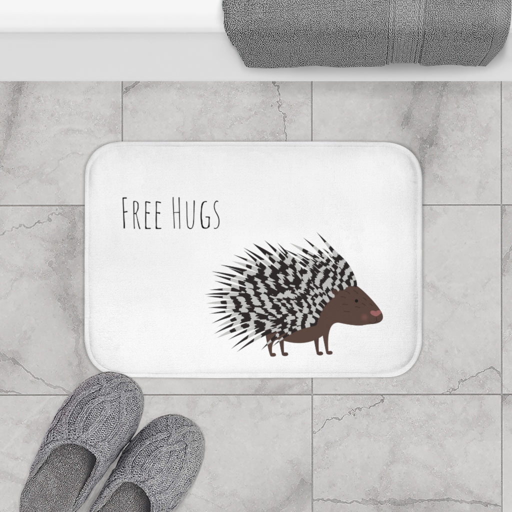 A humorous bath mat featuring a porcupine offering hugs, designed with anti-slip backing for safety and comfort.