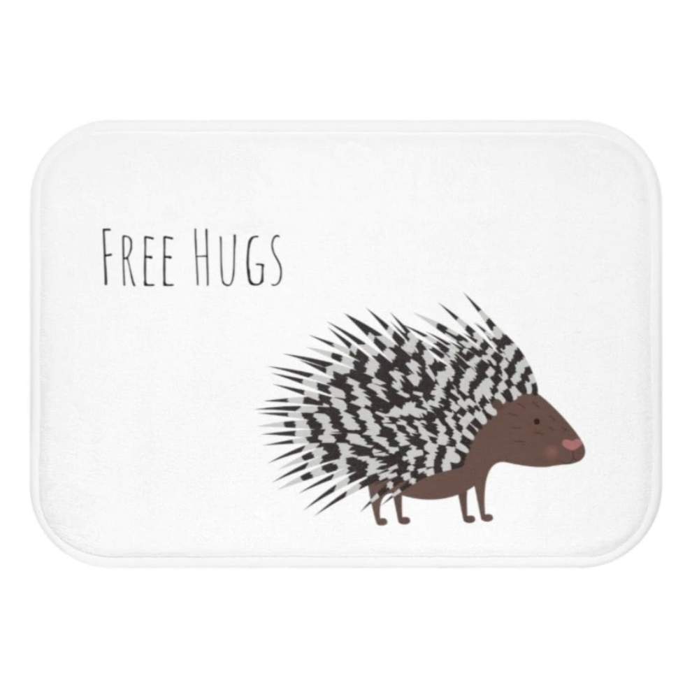 A humorous bath mat featuring a porcupine offering hugs, designed with anti-slip backing for safety and comfort.