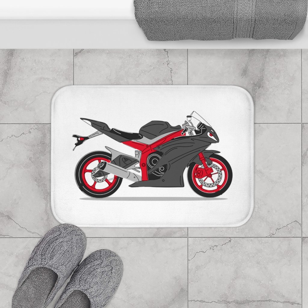 Red Motorcycle Bath Mat with anti-slip backing and durable edges, measuring 24" x 17".