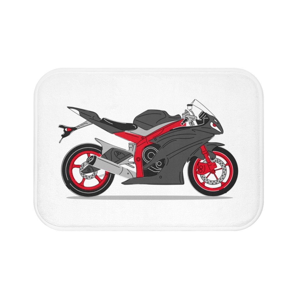 Red Motorcycle Bath Mat with anti-slip backing and durable edges, measuring 24" x 17".