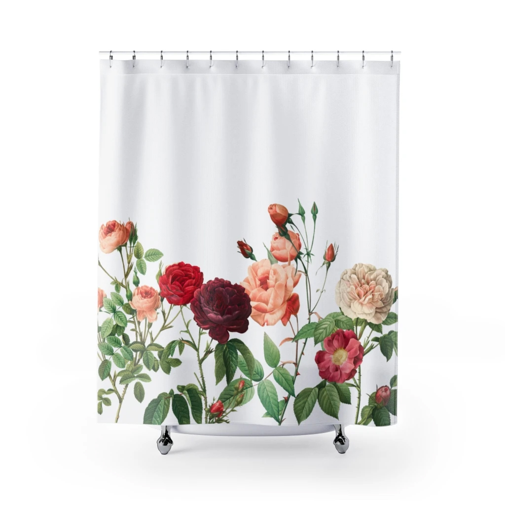 A beautiful rose garden shower curtain featuring vibrant roses on a soft background, perfect for enhancing bathroom decor.