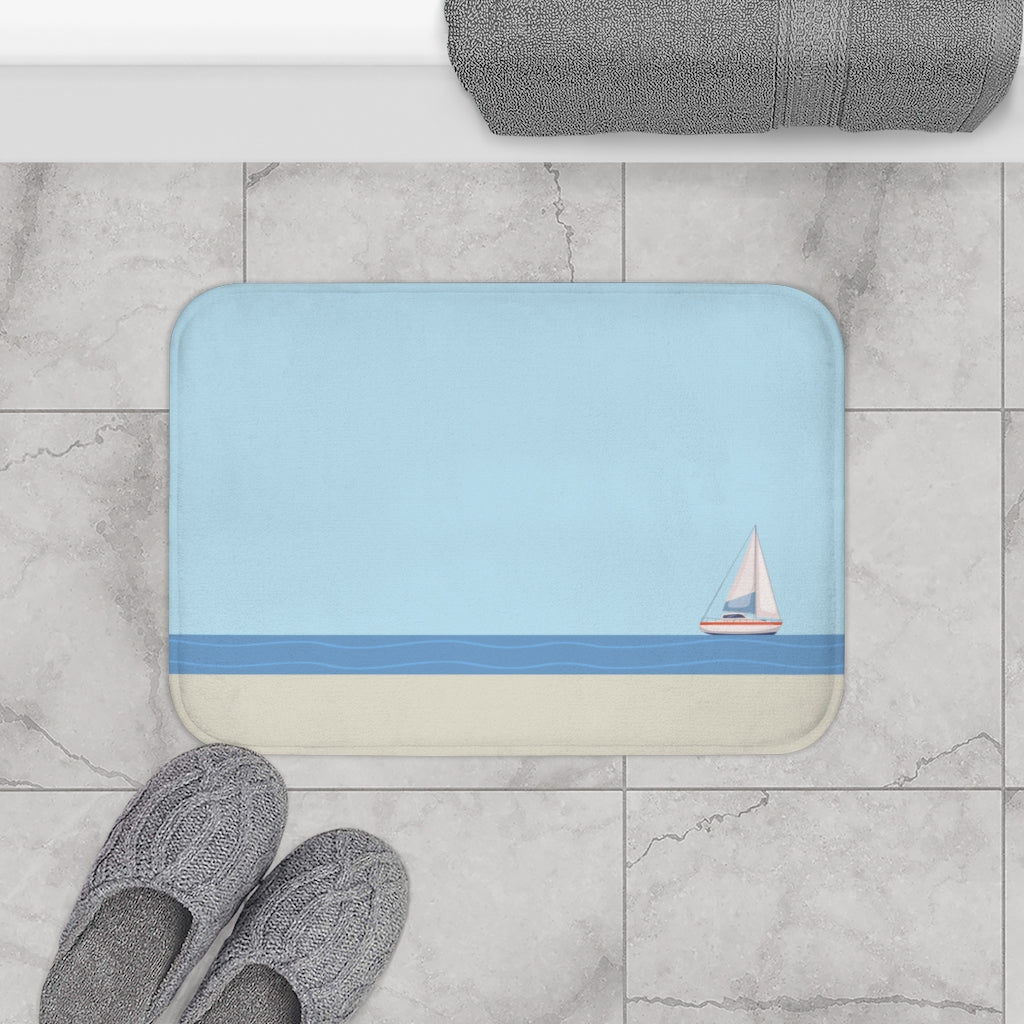 Sail Boat in the Ocean Bath Mat featuring a nautical design with anti-slip backing and soft microfiber material.