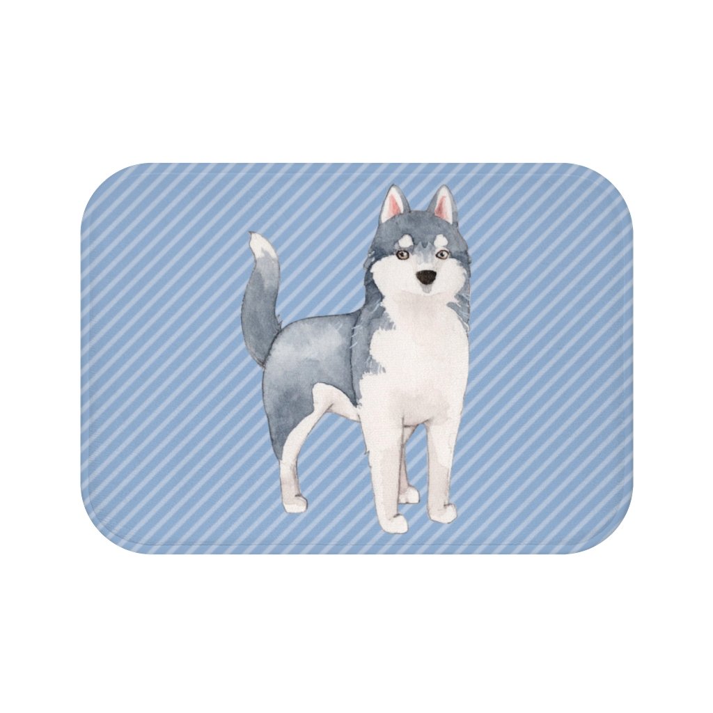 Siberian Husky Blue Bath Mat with anti-slip backing, featuring a vibrant Husky design and plush microfiber texture.