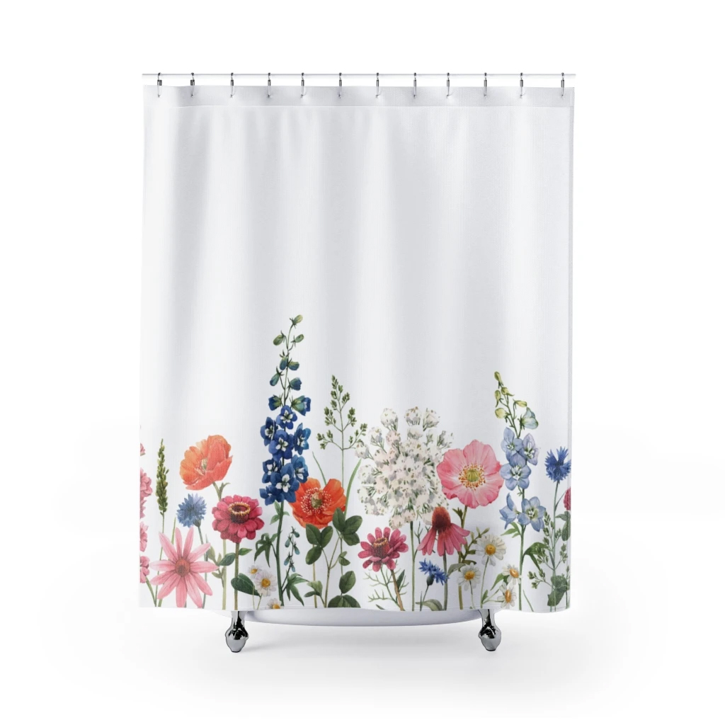 Spring Floral Garden Shower Curtains featuring vibrant floral patterns and a majestic elephant symbolizing good luck.